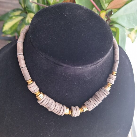 Vintage Earthy Clay Stone Beaded Necklaces Set Of 2 With Gold Accents - Picture 7 of 8